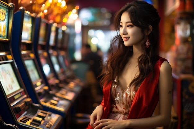 カジノのスロットマシンに取り組むアジア人女性