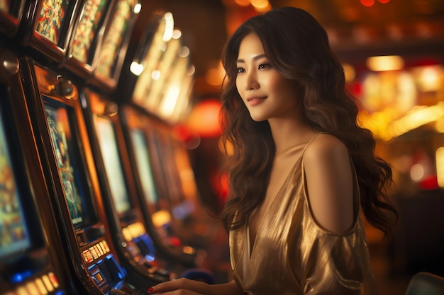 Asian lady engaged with a casino slot machine