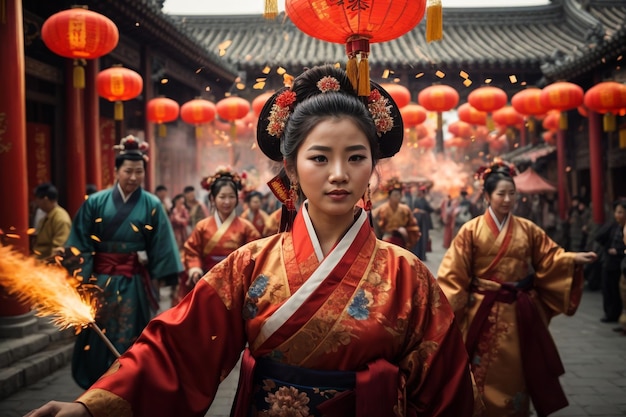 Photo asian lady in hanbok dress walk togather in korea old city with morning sunrise