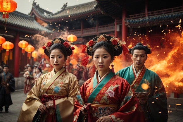 Asian lady in Hanbok dress walk togather in Korea old city with morning sunrise