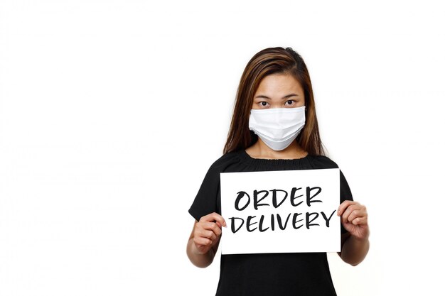 Asian lady standing with order delivery text