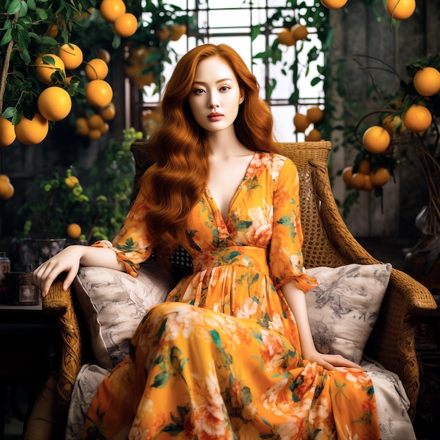 Photo asian lady with long orange hair in the style of romantic