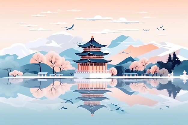Asian landmark watercolor style Generative AI