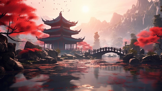 Asian landscape adopting digital painting style AI generative