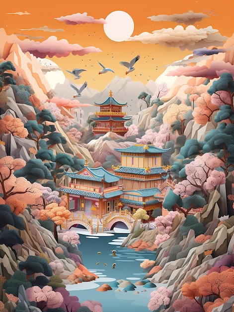 Asian landscape illustration