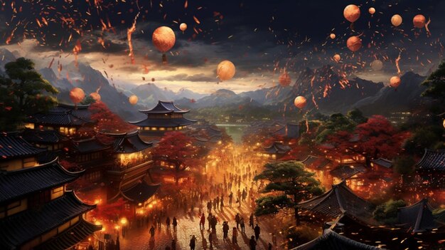 Asian landscape with lanterns and lanterns flying over a river generative ai