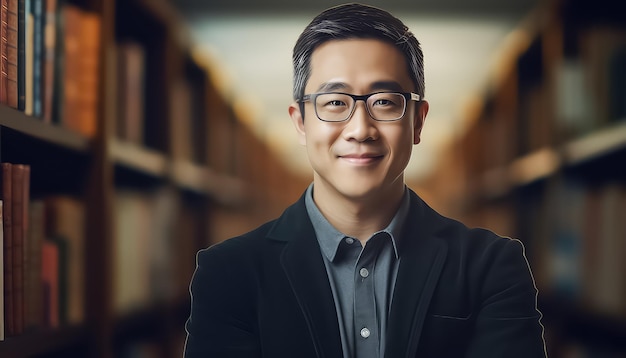 Asian librarian on bookshelves background