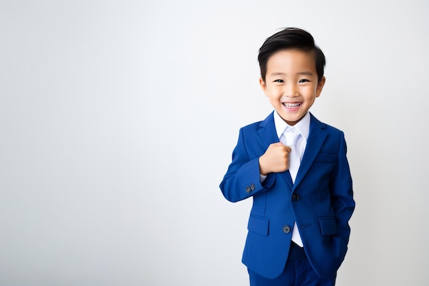 Маленький азиатский мальчик в синем костюме.