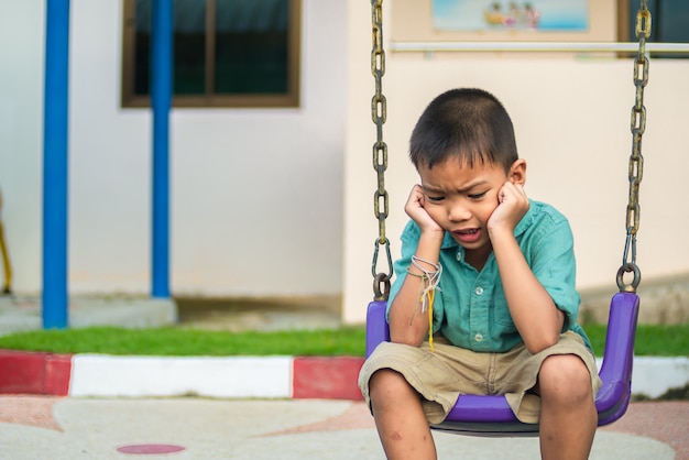 Asian​ little​ boy​ feel​ing doubt​ and​ stressed.​ 