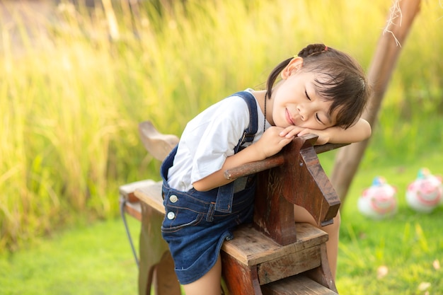 Asian little child girl riding on a wooden toy horse in the green grass garden.