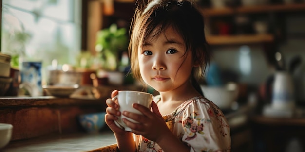 Asian little cute kid holding a cup of milk in kitchen in house