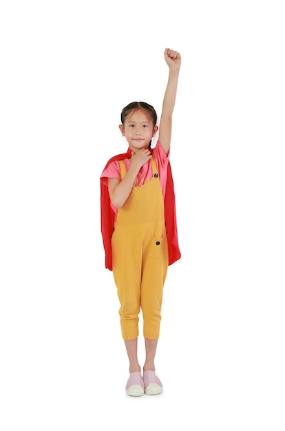 Asian little girl child wearing red shawl isolated on white background. Kid play superhero concept. Image full length with Clipping path