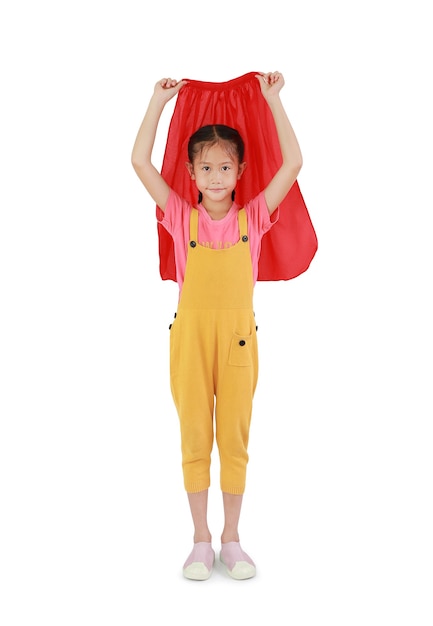 Asian little girl child wearing red shawl isolated on white background. Kid play superhero concept. Image full length with Clipping path