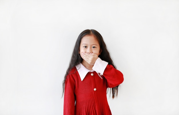 Asian little girl covering mouth with hand on white background