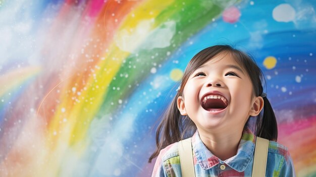 사진 아시아의 어린 소녀는 벽에 다채로운 무지개와 하늘을 그리고 있으며, 그녀는 행복하고 재미있는 예술 교육의 개념과 어린이를위한 놀이 활동을 통해 배우고 있습니다.