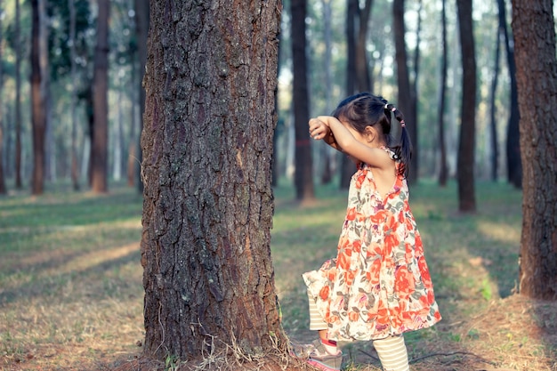 Asian little girl is playing hide-and-seek hiding face in the park