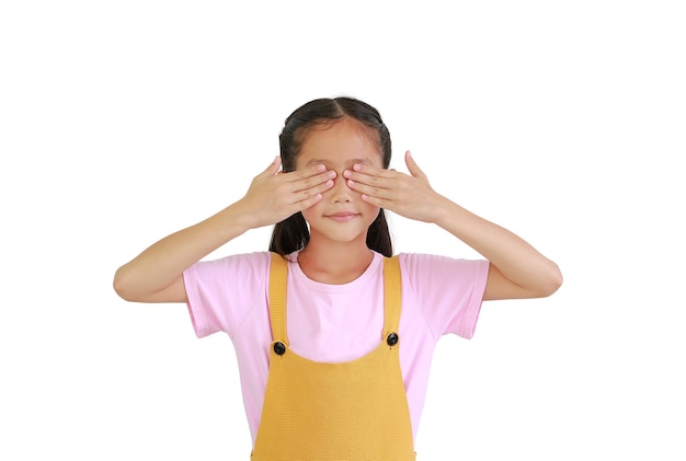 Asian little girl kid covering eyes with hands isolated on white background