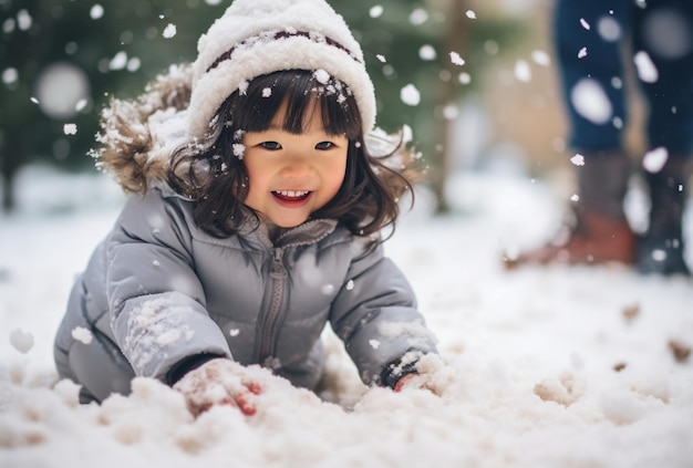 アジアの小さな女の子がひざまずいて冬の雪で遊んでいます