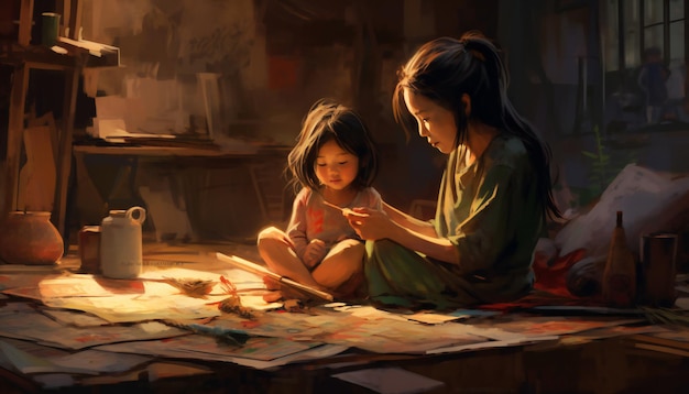 Asian little girl and mother sitting on the floor and drawing Generative ai art