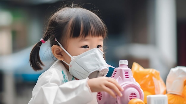 asian little girl wearing respirator mask