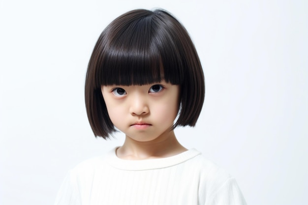 A asian little girl with angry expression is posing for a photograph