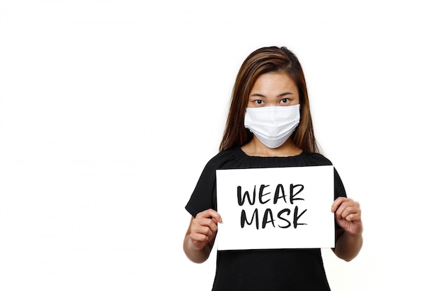 Photo asian long hair lady standing with wear mask text