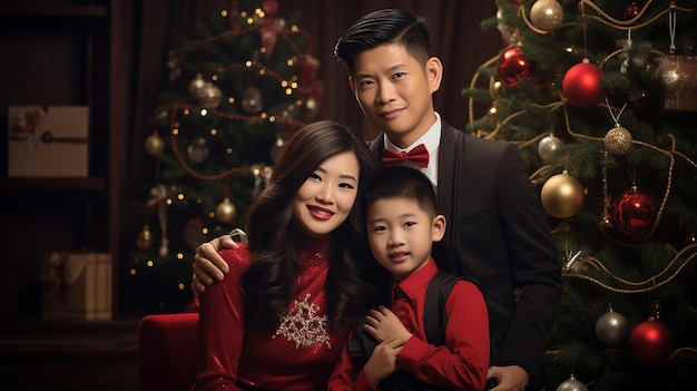 Asian lovely family with christmas tree in their living