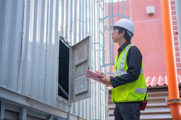 Asian maintenance engineer at the waste water management system
of a huge factorymaintenance checking technical data of heating
system equipmentthailand people