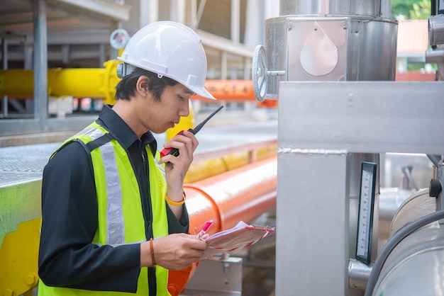 Ingegnere di manutenzione asiatico presso il sistema di gestione delle acque reflue di un'enorme manutenzione di fabbrica che controlla i dati tecnici delle apparecchiature del sistema di riscaldamentopopolo thailandese