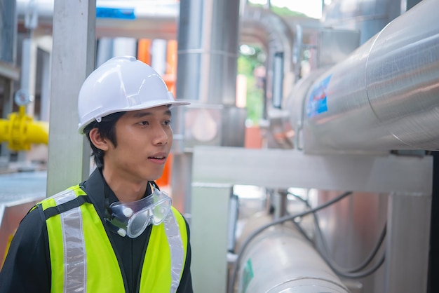 Asian Maintenance engineer at the waste water management system of a huge factorymaintenance checking technical data of heating system equipmentThailand people