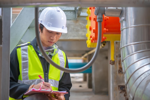 Asian maintenance engineer at the waste water management system\
of a huge factorymaintenance checking technical data of heating\
system equipmentthailand people