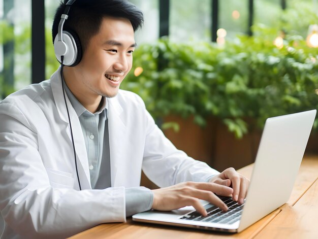 Asian male doctor talking to online patient on computer screen giving online consultation for domestic health treatment Telemedicine remote medical appointment