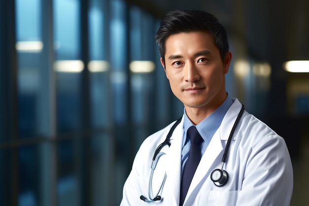 Asian male doctor wear blue uniform white medical coat stethoscope