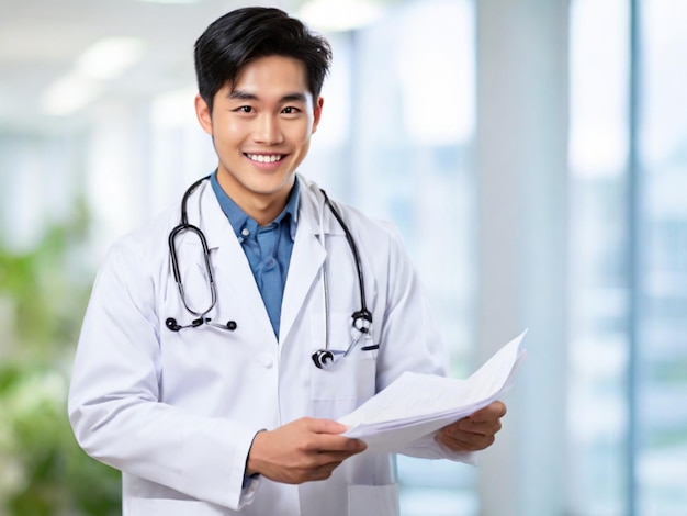 색 의 의복 을 입은 아시아인 남성 의 의사 가 의료 문서 를 들고 따뜻 한 미소 를 짓고 있다