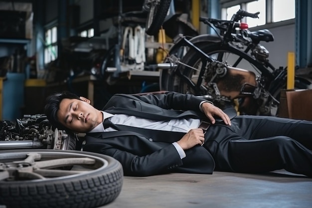 Photo asian male engineer accident lying unconscious on floor while working in factory