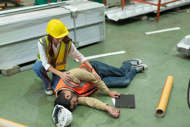 Photo asian male engineer accident lying unconscious on floor while working in factory