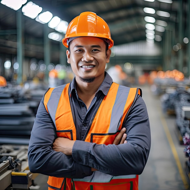 Asian Male Engineer in Safety Vest and Hardhat Professional Asian Man Working in the Modern Manufacturing Factory Generative Ai