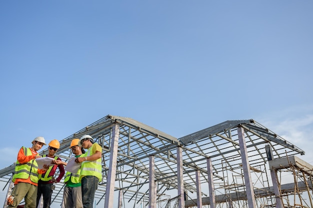 Gruppo di ingegneri maschi asiatici in piedi in un cantiere edile per parlare con i direttori edili e i lavoratori per verificare la qualità e il piano di progettazione della costruzione a capriate del tetto in acciaio