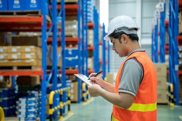 Asian male factory manager inspects the goods in the warehouse and check stock product transport logistic business shipping and delivery to customers quickly through a freight forwarding company