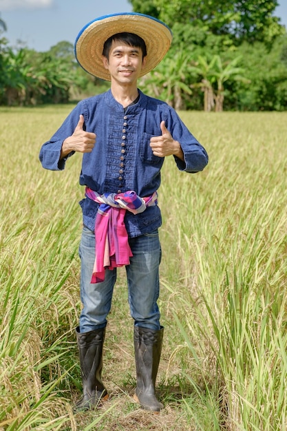 写真 立っている帽子をかぶって、田んぼで笑顔で親指を立ててポーズをとって青いシャツを着ているアジアの男性農家