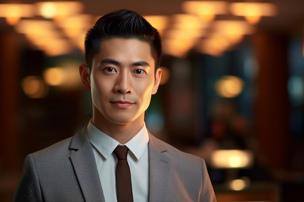 asian male hotel receptionist standing in front of the hotel reception counter on a bokeh style background