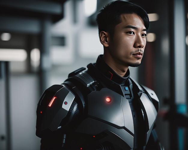 Asian male humanoid futuristic cyborg robot