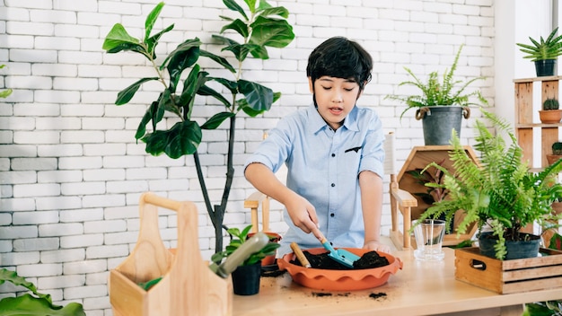 아시아 남자 아이는 냄비에 흙을 퍼내어 식물을 돌보는 것을 즐깁니다.