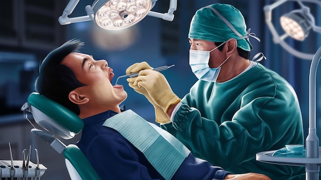 Asian male patient reclining with open mouth and dentist examining his teeth