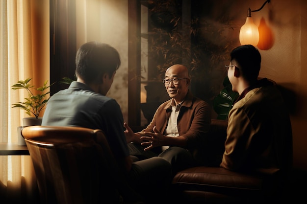 Asian Male Psychotherapist Engaging with Two Clients