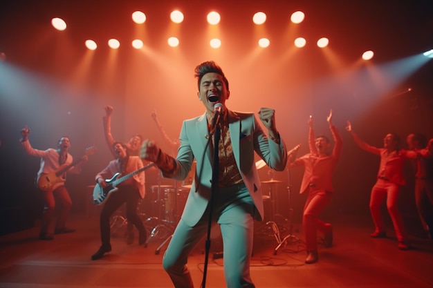 asian male singer feeling excited singing expresively in front of crowd on stage night