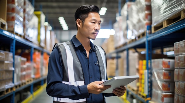 Asian male store worker and tablet working at warehouse distribution