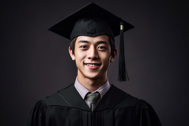 asian male student graduate wear black gown