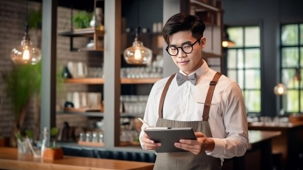 asian male waiter stands on the background of the restaurant writes down the order in a notebook