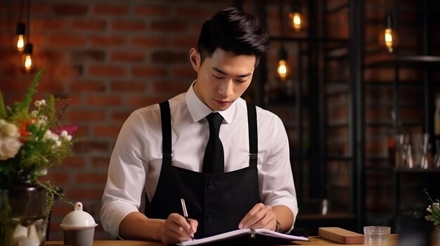 asian male waiter stands on the background of the restaurant writes down the order in a notebook